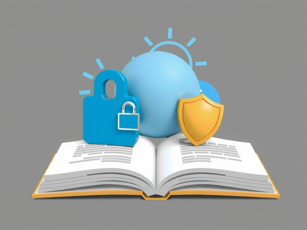 Imagine abstractă a unei cărți deschise cu simboluri de confidențialitate și securitate, reprezentând documentația legală